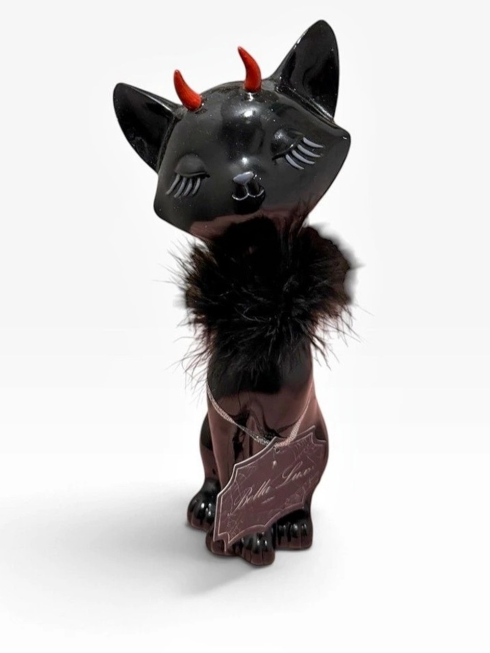 Bella Lux Black Cat Figurine with Red Horns and Feather Collar Halloween Decor